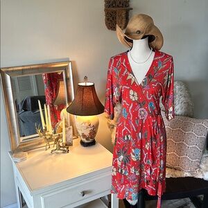 Veronica M. Fire, orange floral printed V-neck wide sleeve wrap mini dress S